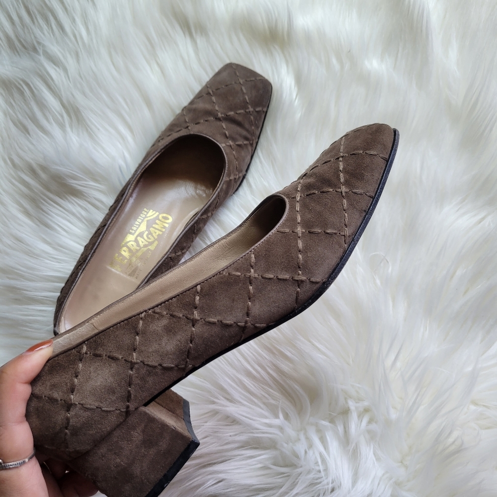 Ferragamo Suede Quilted Block Heel Pumps - Picture 4 of 10